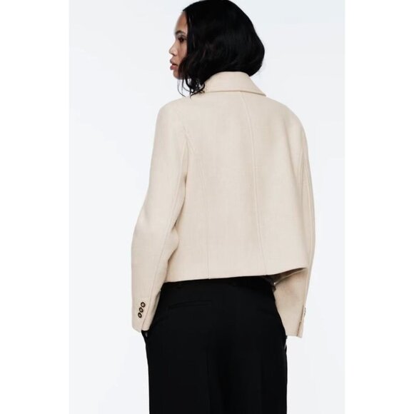 NWOT Zara sand double breasted statement button cropped pea coat, XL - Picture 2 of 16